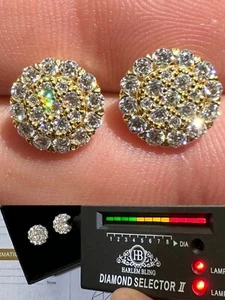 MOISSANITE Real 925 Silver 14k Gold Plated Iced Cluster Round Hip Hop Earrings - Picture 1 of 23