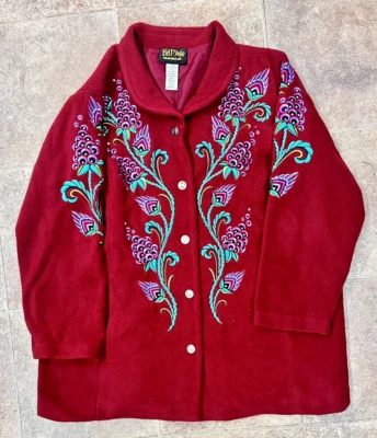 Bob Mackie Wearable Art Embroidered Fleece Maroon Jacket Coat Women SIZE 1X - Image 1 of 4