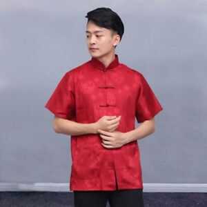 Chemise homme à manches courtes chemisier satin dragon chinois imprimé costumes haut kung-fu