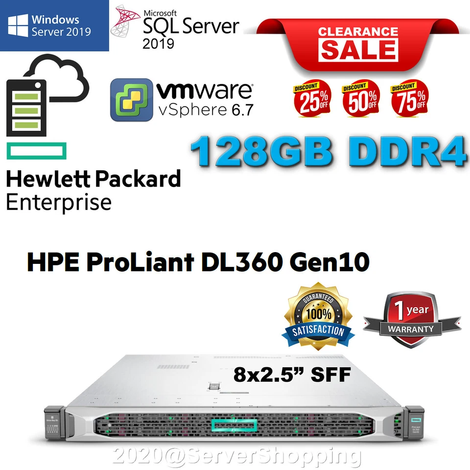 HPE ProLiant DL360 G10 8SFF SATA 2x 20C Xeon Gold 6138 128GB RAM P408i-a Gen10 - Image 1 of 4