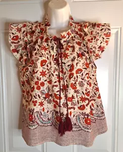 Aqua Floral Flutter Sleeve Cap Sleeve Tie Tassel Boho Top Blouse Size XS - Picture 1 of 4