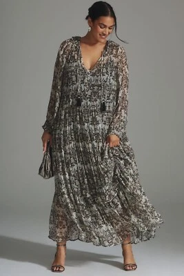 NWT Anthropologie The Marais in Black & White Rabbit Print Chiffon Maxi Dress 1X - Image 1 of 4