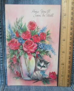CAT BOUQUET OF ROSES Vtg Famous Artist Studios Greeting Card New 50's 60's OS17
