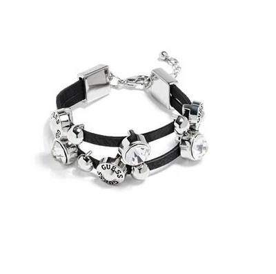 New-Guess Color Argento, Ecopelle Nera, Borchie,Strass,Polsino,Bracciale - Immagine 1 di 2