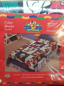 Disney Mickey Color Block Blanket Twin/Full 90s NOS Bedding Minnie Donald Goofy - Picture 1 of 7