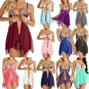 Women Sexy Lingerie Lace Dress Underwear Babydoll Sleepwear With G-string Set - Picture 1 of 22