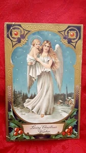 VINTAGE 1910 ANGEL & BABY Christmas Postcard "LOVING CHRISTMAS WISHES" ~GERMANY - Picture 1 of 4