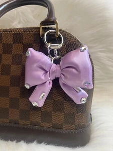 Bow Plush Keychain Cute Pom Pom Keyring Key Chain Bag Charm Bling Purple New - Picture 1 of 3