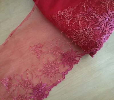 6.5 Yards 7" Wide Red Tulle Mesh Lace with Embroidered Red/Gold Flower xh025 - Image 1 of 2