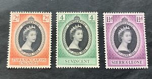 British Commonwealth UK 1953 Coronation - 3 unused stamps - St. Vincent, Turks