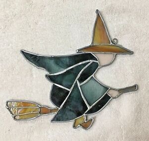 Very Halloween Witchy Witch On Broom Stained Glass Suncatcher 8 x 9 Inches