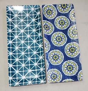 Citrus Grove Blue Pattern Rectangular Serving Platter Tray 19" X 8" Set Of 2 - Picture 1 of 6