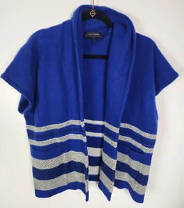 St. JOHN Women's Sz. L Blue & Grey Stripe Wool Blend Short Sleeve Open Front Car - Picture 1 of 8