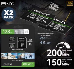 Pack 2 carte mémoire Micro SD 128GO PNY Pro Elite Prime C10 U3 V30 200MB/s NEUF - Picture 1 of 4