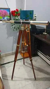 Nautical Floor Standing Brass Telescope With Lock Tripod Wooden Stand Antique - Picture 1 of 9