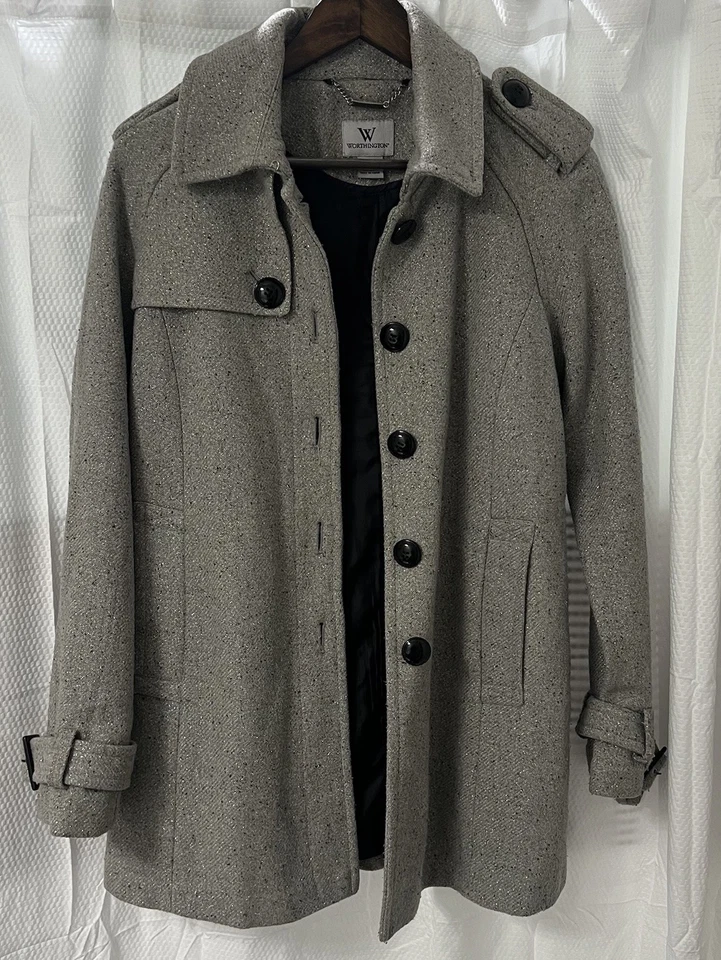 Worthington Jacket Coat Women’s Size M Wool Blend Metallic Lurex Tweed Peacoat - Image 1 of 4