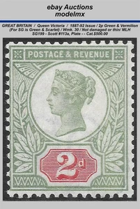 Great Britain- QV 1887-92, Sc.113a- SG199, 2p Green & Vermilion, MHR,Cat.$500.00 - Picture 1 of 2