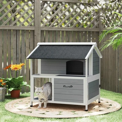 PawHut Katzenhaus aus Holz, Isolierte Katzenhöhle mit zu öffnendem Dach Kissen