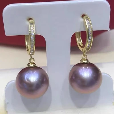 华丽一对 10-11 毫米南海圆形薰衣草珍珠吊坠耳环 925s(t) — 第 1/4 张图片