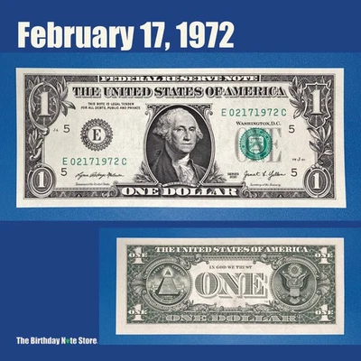February 17, 1972 Birthday Anniversary $1 One Dollar Bill Serial Number 02171972 - Image 1 of 2