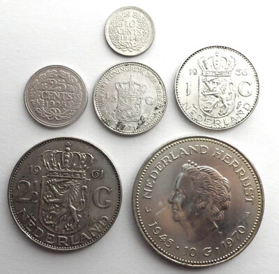 PAÍSES BAJOS 6 MONEDAS DE PLATA 10, 25 CENTAVOS - 1/2, 1, 21/2, 10 FLORINES 1921-1970 QQ6.1 Foto 1 de 4