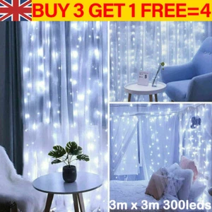 300 LED Curtain Fairy Lights String Indoor/Outdoor Backdrop Wedding Party White - Picture 1 of 14