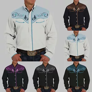 Camisas vaqueras occidentales de manga larga bordadas calce ajustado informales para hombre - Imagen 1 de 39