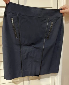 Ann Taylor Womens 4P Navy Blue Pencil Skirt  Zipper Pockets Faux Leather Piping - Picture 1 of 3
