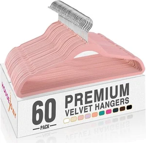 Pink Velvet Hangers 60 Pack, Non Slip Clothes Felt Hanger Heavy Duty - Picture 1 of 9