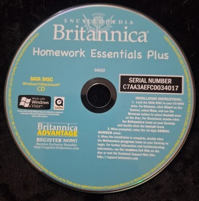 Encyclopedia Britannica Homework Essentials  Plus CD-Data Disc-Win/Mac-04042 NEW - Image 1 of 2