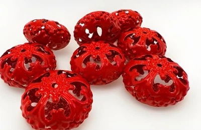 23mm Bright Red Painted Metal Filagree Beads Qty:13 - Image 1 of 2
