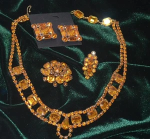 VINTAGE BERNSTEIN GLAS COLLIER HALSKETTE CLIP AUF OHRRINGE/RING/NADEL SET - Bild 1 von 5