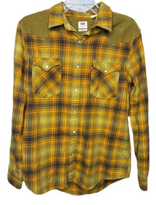 Levi's Standard Men's M Yellow Plaid Corduroy Shoulder Western Snap Button Down - Imagen 1 de 4