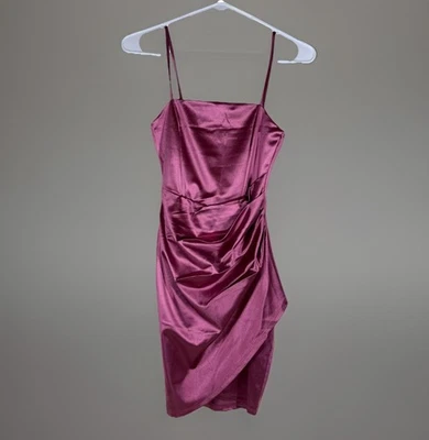 Windsor Pink Satin Ruched Mini Dress Spaghetti Strap Asymmetrical XS - Image 1 of 4