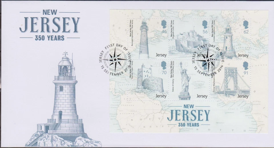 GB JERSEY 2014 New Jersey 350th Anniversary MS SG MS1874 FDC LIGHTHOUSES CASTLES - Image 1 of 1