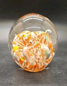 Art Glass 8cm Controlled Bubble speckle orange white  Paperweight - Picture 1 of 5