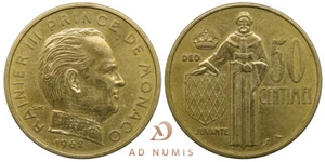 Monaco 50 centimes 1962 Rainier III Cupro-aluminium pièce de monnaie monégasque - Imagen 1 de 1