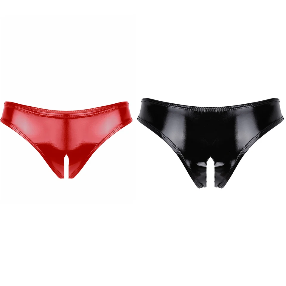 DE Damen Wetlook Ouvertslip Kunstleder Schritt offen Strings Slip Panty Hotpants - Bild 1 von 4