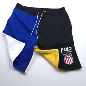 NEW! POLO RALPH LAUREN SWEAT SHORTS -XL- BLUE WHITE BLACK YELLOW SHEILD BLOCK - Picture 1 of 14