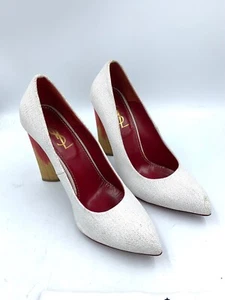 YSL YVES SAINT LAURENT WHITE FABRIC CHUNKY HEELS SIZE 7 US 37.5 EU - Picture 1 of 8