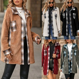 Oversized Ladies Cardigan Check Fleece Fur Warm Jacket Baggy Pockets Button Coat - Picture 1 of 17