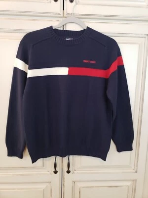 Tommy Hilfiger Crewneck Sweater Logo Pullover S Blue Red White Stripe - Image 1 of 4