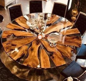 Acacia Wood Clear Epoxy Resin Round Coffee Table Top for Home & Living Room Deco - Picture 1 of 7