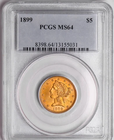 1899 $5 Five Dollar Gold Liberty Head Liberty Half Eagle Coin PCGS MS-64 Cover