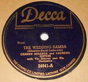 Decca 24841 Carmen Miranda & Andrews Hermanas La Boda Samba / Veo, Veo 78 - Imagen 1 de 2
