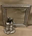 Framed Silver Tone Small Mirror W/ Cats Figurines Looking in Mirror 7?x7?