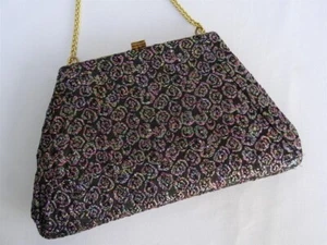Vintage Bag Purse 1980s Ladies Black Floral Brocade Gilt Framed Evening 80s - Picture 1 of 10