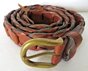 Belt Mens Woven Brown Genuine Leather Size 38 Brass Buckle Rugged - Picture 1 of 9