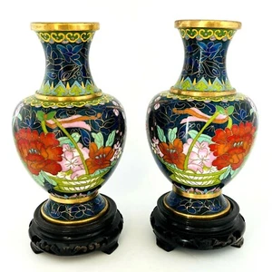 Chinesische Cloisonné Vasen Kobaltblau Korb mit Blumen 6 Zoll 2-teiliges Set - Bild 1 von 8