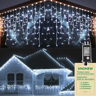KNONEW 99FT 1216 LED Christmas Lights Outdoor Decorations 8 Modes White Curtain  - Image 1 of 4